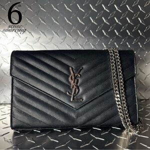 Saint Laurent YSL Classic Monogram Chevron Wallet on Chain in Black SHW
